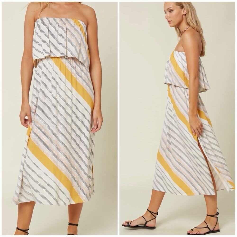 O’Neill Strapless Midi Dress M NWT Cream Yellow Striped Resort Beach